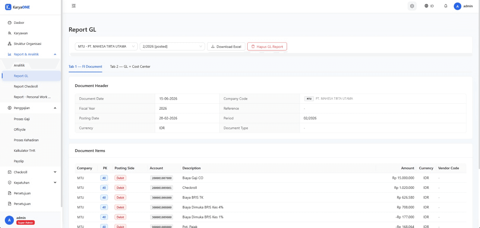 KaryaONE GL report showing FI document header and payroll posting items
