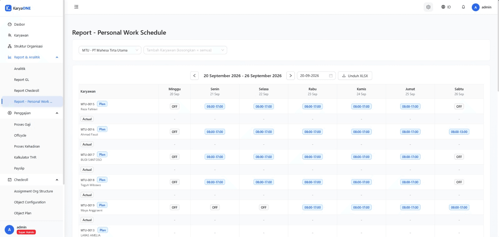 KaryaONE personal work schedule report with planned shifts and actual attendance per day