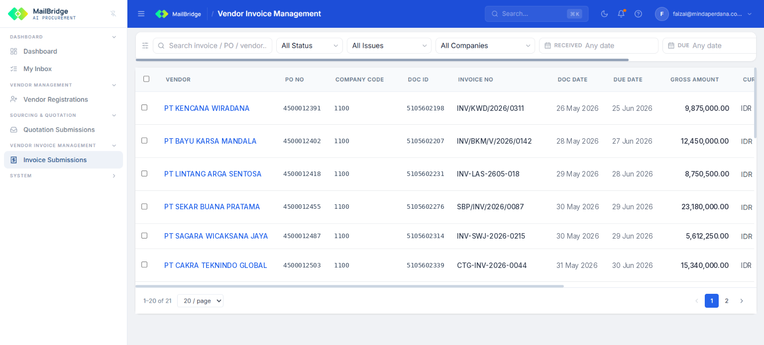 Vendor invoice list with PO number, SAP document, due date, and amount