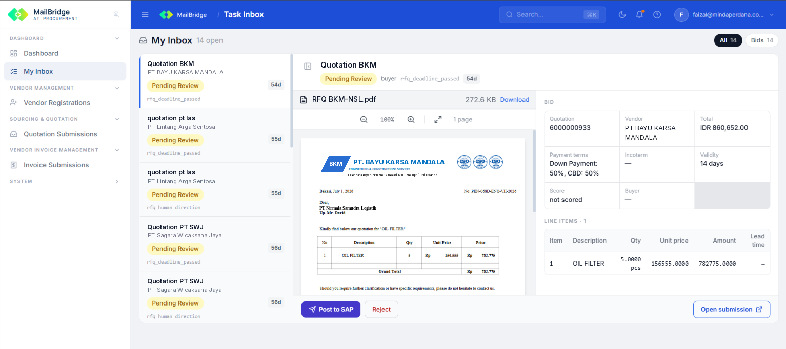 MailBridge Task Inbox: vendor quotations from email, extracted automatically and ready to post to SAP