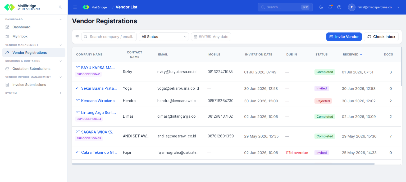 Vendor registration list with status, documents, and ERP code
